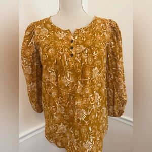 a.n.a Cotton Mustard & White Floral Boho Button Detail Puffy Blouse Top Size XS